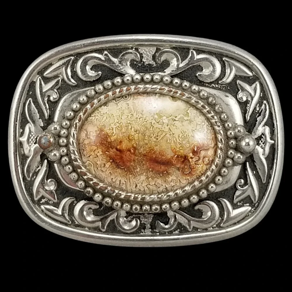 Western‎ Native American Style Oval Belt Buckle with Agate Stone Silver Tone